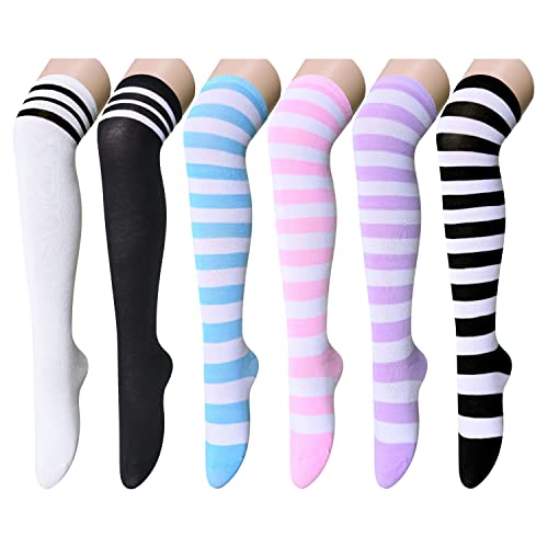 6 Pair Athletic Thigh Highs Tube Socks, Stripes Socks, Sporty
