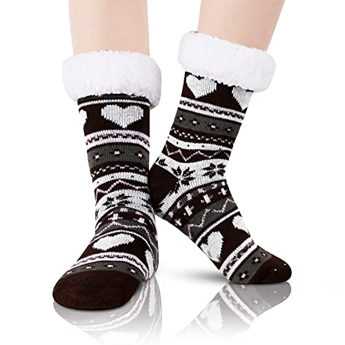 Fuzzy Cozy Fluffy Socks with Grips for Women Girls, Winter Cabin
