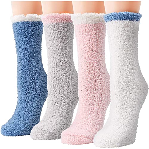 Fuzzy Anti-Slip Socks Non Slip Fluffy Slipper Socks for Women Girls with Grippers, Cozy Gifts for Her 4 Pairs