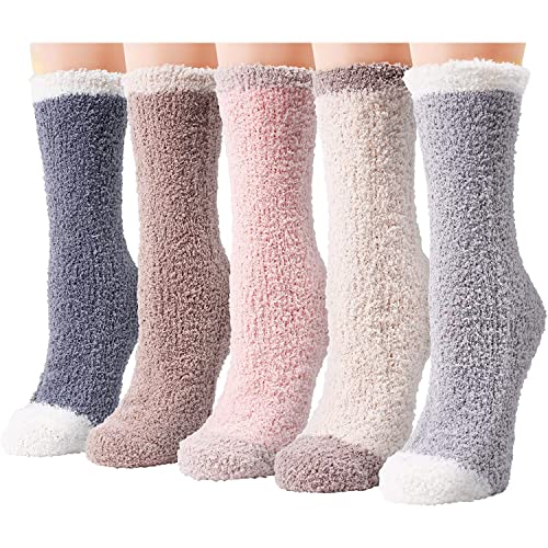 Cozy Fuzzy Slipper Socks Women Plush Soft Warm Fluffy Coral Velvet Thicken  Crew Socks for Winter Holiday 5 Pairs