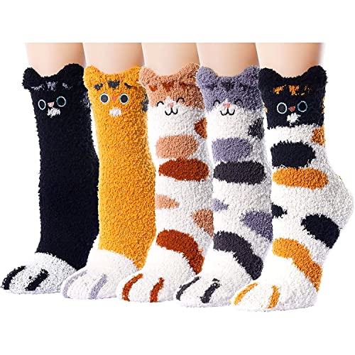 5 Pack Fuzzy Cat Paw Socks for Women Girls Gifts Cute Fun Cozy