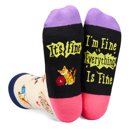 Cat Gifts,Funny Cat Gifts Cat Mom Gifts for Women, Novelty This is Fine Socks Cat Socks,Cat Socks