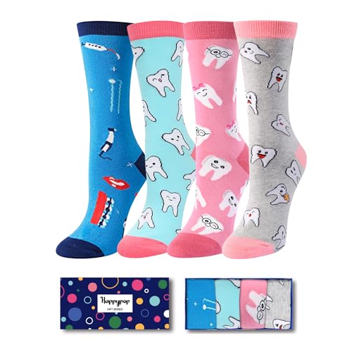 4 Pack Funny Teeth Dentist Medical Socks for Women, Novelty Gifts For Dentist Nurse, Silly Crazy Teeth Socks Gifts