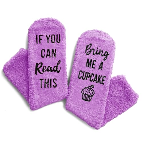 Fluffy Cupcake Socks, Women's Purple Fuzzy Socks, Fun Funny Birthday Gifts for Women