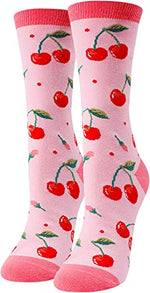 Cherry Socks, Crazy Socks Cherry Fun Print Novelty Crew Socks for Women, Cherry Gifts, Fruit Lover Gift