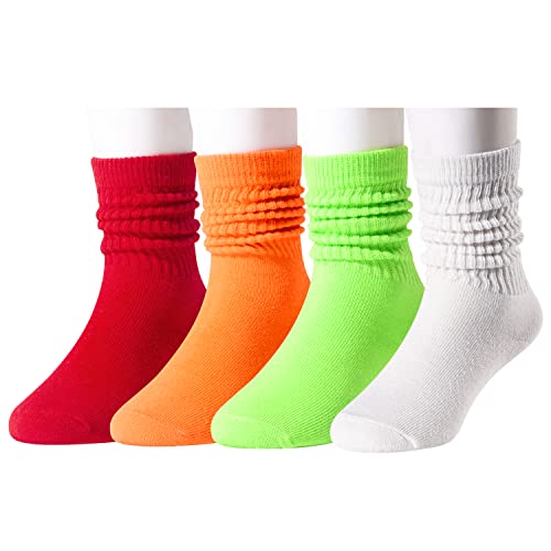 Little Girls Long Socks, Cute Slouch Socks for Girls, Kids Cotton Crew Socks, Scrunch School Socks, Gifts for Toddler Girls 3-5 Years Red Orange Green White