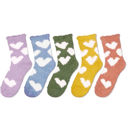 5 Pack Fuzzy Anti-Slip Socks for Women Girls, Non Slip Slipper Socks with Grippers, Lovely Cute Fluffy Socks Gifts