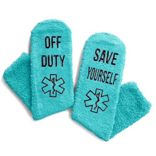 Funny EMT Gifts for Women Men, Unisex Fuzzy EMT Socks for Doctor Nurse, Non Slip Slipper Socks with Grippers