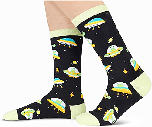 Alien Print Crew Socks for Women, Funky Socks, Funny Socks for Women, Alien Gifts for UFO Enthusiast, Novelty Socks, Outer Space Gifts