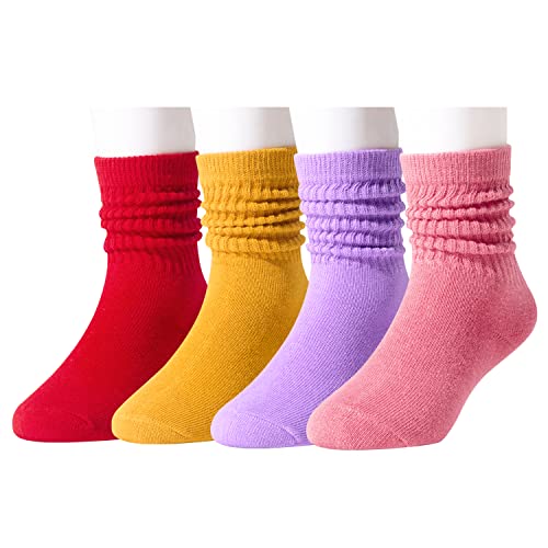Little Girls Long Socks, Cute Slouch Socks for Girls, Kids Cotton Crew Socks, Scrunch School Socks, Gifts for Toddler Girls 3-5 Years Red Yellow Purple Pink