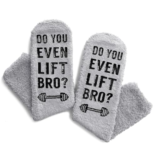 Novelty Weight Liffing Gifts for Men, Gray Fuzzy Weight Lifting Socks Gifts, Non Slip Slipper Socks with Grippers