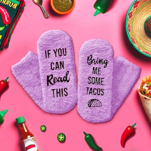Crazy Taco Socks for Women, Purple Fuzzy Socks, Taco Socks for Taco Lovers, Fun Funny Birthday Gifts for Women