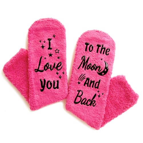 Fuzzy Socks for Women, Valentines Day Gifts for Her, Lovely Pink Gifts for Women, I Love You to the Moon and Back Socks