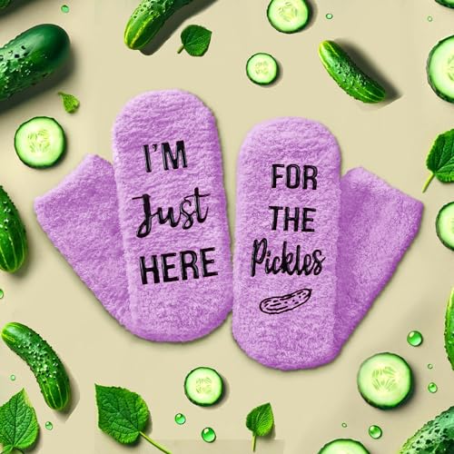 Purple Fuzzy Pickle Socks for Women, Fluffy Pickle Socks, Fun Funny Pickle Gifts for Women