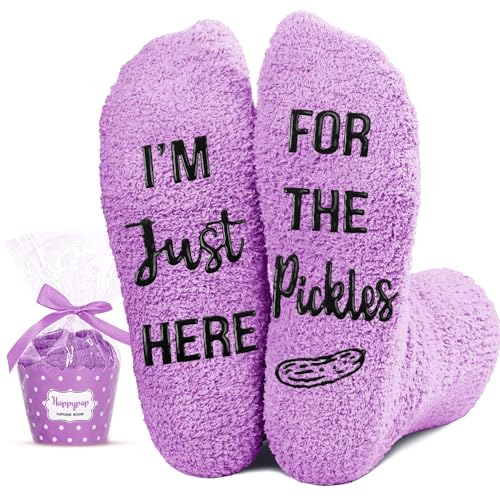 Purple Fuzzy Pickle Socks for Women, Fluffy Pickle Socks, Fun Funny Pickle Gifts for Women