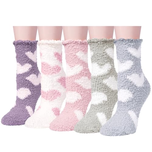 5 Pack Fluffy Lovely Cute Socks Gifts, Fuzzy Anti-Slip Socks for Women Girls, Non Slip Slipper Socks with Grippers