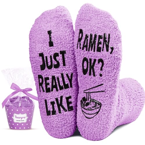 Purple Fuzzy Ramen Socks for Women, Fluffy Soft Cozy Ramen Socks Gifts, Fun Funny Birthday Gifts for Women Girls