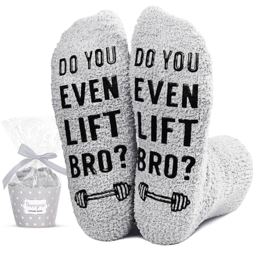 Novelty Weight Liffing Gifts for Men, Gray Fuzzy Weight Lifting Socks Gifts, Non Slip Slipper Socks with Grippers