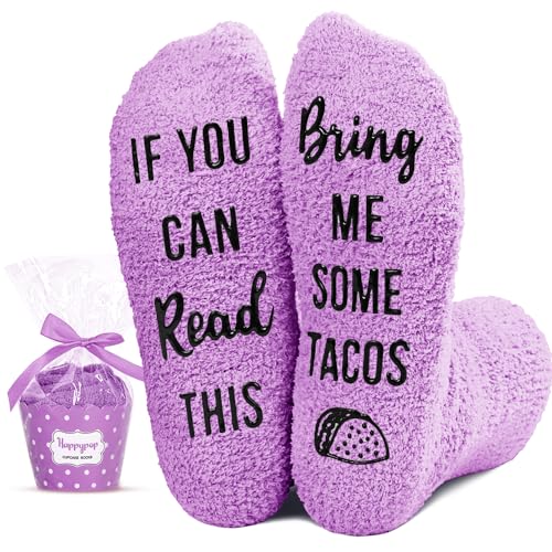 Crazy Taco Socks for Women, Purple Fuzzy Socks, Taco Socks for Taco Lovers, Fun Funny Birthday Gifts for Women