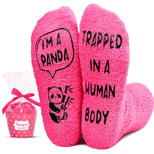 Funny Fuzzy Panda Gifts for Women Girls, Novelty Panda Socks Gifts, Fun Crazy Silly Pink Fuzzy Socks