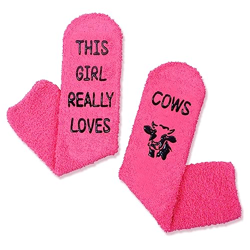 Funny Saying Cow Gifts for Women,This Girl Really Loves Cows,Novelty Fuzzy Fluffy Cow Print Socks