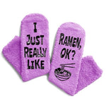 Purple Fuzzy Ramen Socks for Women, Fluffy Soft Cozy Ramen Socks Gifts, Fun Funny Birthday Gifts for Women Girls