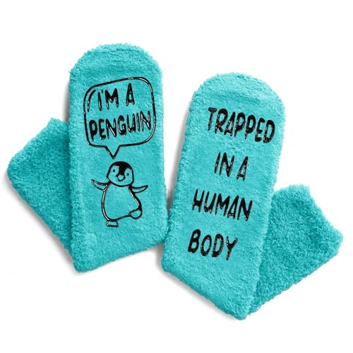 Funny Penguin Socks for Women, Fuzzy Green Socks Penguin Gifts Animal Gifts, Fluffy Cozy Penguin Socks for Women