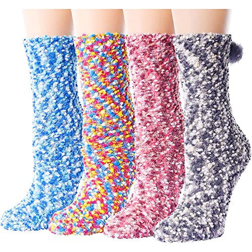 Colorful Indoors Slipper Socks, Warm Cozy Socks, Fuzzy Socks for Girls, Women's Fluffy Socks,Cozy Gifts for Women 4 Pairs