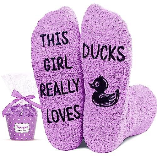 Funny Saying Rubber Duck Gifts For Women,This Girl Really Loves Ducks,Novelty Fuzzy Duck Print Socks
