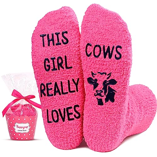 Funny Saying Cow Gifts for Women,This Girl Really Loves Cows,Novelty Fuzzy Fluffy Cow Print Socks