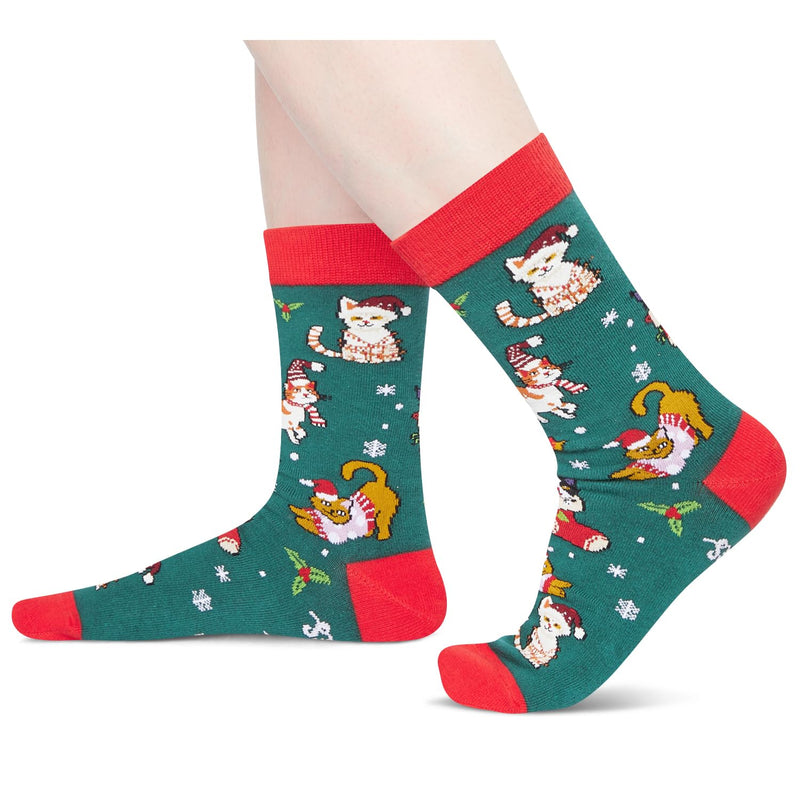 Christmas Gifts Stocking Socks for Cat Lovers - Christmas Socks for Teens, Green Cat Mom Dad Socks for Women Men