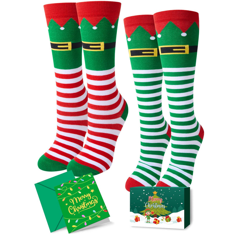 Christmas Gifts Stocking Socks for Kids - Christmas Knee High Red Green Socks, Elf Socks Secret Santa Xmas Stocking with Greeting Card for Girls