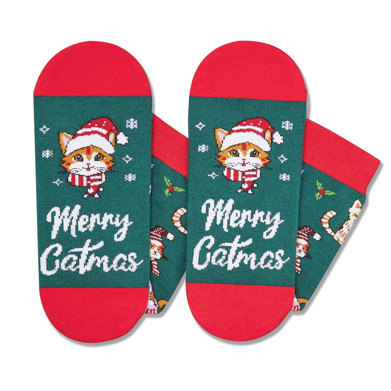 Christmas Gifts Stocking Socks for Cat Lovers - Christmas Socks for Teens, Green Cat Mom Dad Socks for Women Men