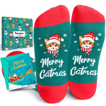 Christmas Gifts Stocking Socks for Cat Lovers - Christmas Socks for Teens, Green Cat Mom Dad Socks for Women Men