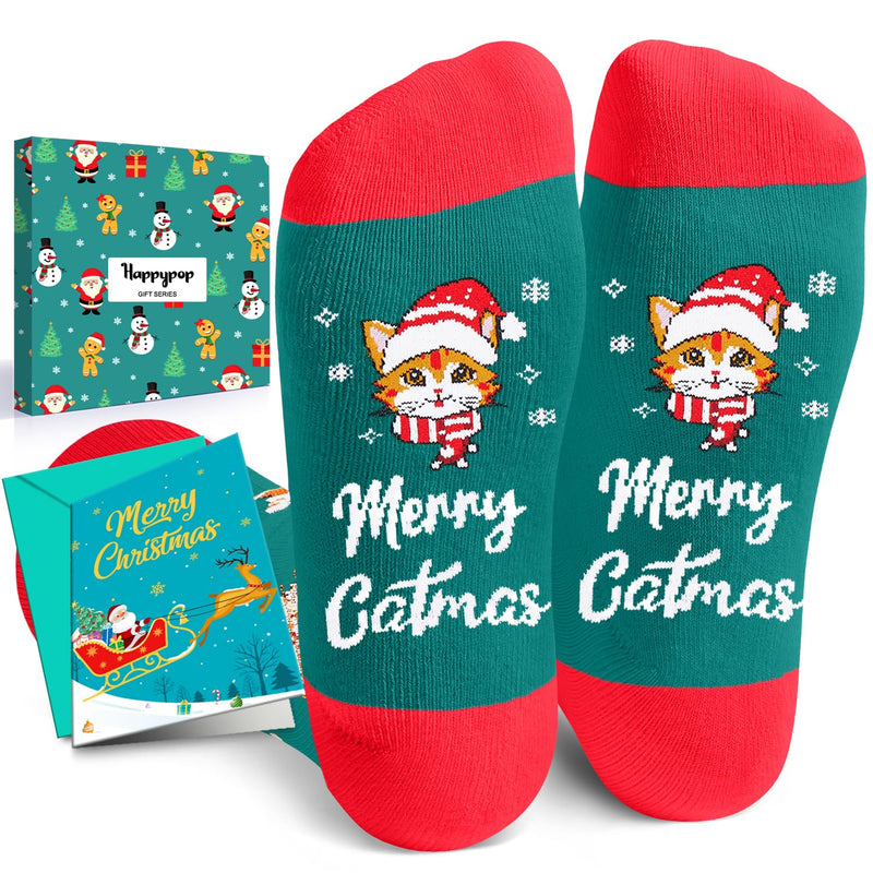 Christmas Gifts Stocking Socks for Cat Lovers - Christmas Socks for Teens, Green Cat Mom Dad Socks for Women Men