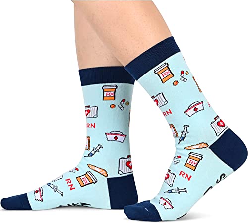 Unisex Novelty Mid-Calf Knit Blue Cozy Nurse Socks RN Gifts
