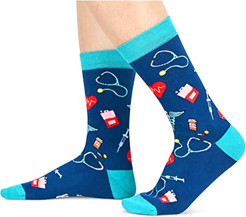 Unisex Novelty Mid-Calf Knit Blue Crazy Doctor Socks Gifts for Doctor