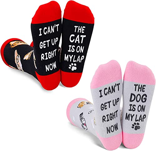 2 Pairs Funny Cat Lover Gifts for Women Dog Mom Gifts for Women, Novelty Cat Socks Dog Socks, Crazy Silly Fun Gifts for Her Pet Socks