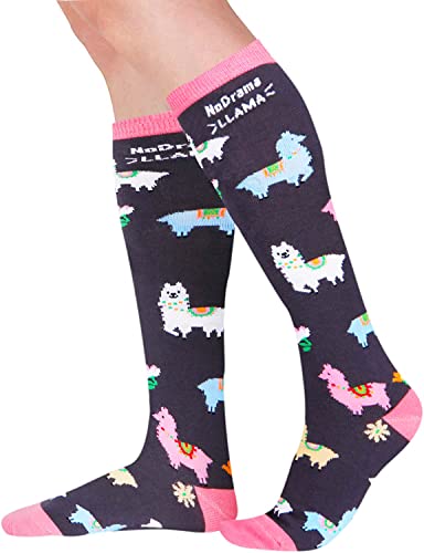 Funny Saying Llama Gifts For Women,No Drama Llama,Novelty Llama Print Socks, Llama Lovers Gifts,  Fun Llama Knee High Socks