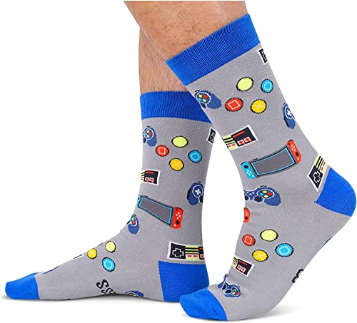 Men's Crazy Mid-Calf Knit Gray Cute Gaming Socks Gifts for Gamer Boyfriend