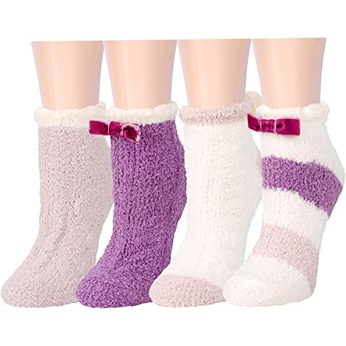 Fuzzy Anti-Slip Socks, Non Slip Socks, Fluffy Slipper Socks for Women Girls with Grippers, Cozy Gifts For Her 4 Pairs