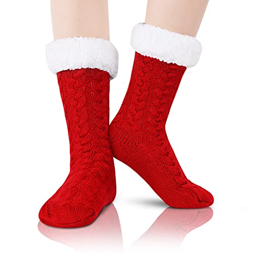 Fuzzy Slipper Fluffy Socks with Grips for Women Girls, Winter Cabin Warm Comfy Sherpa Plush House Socks Red Socks