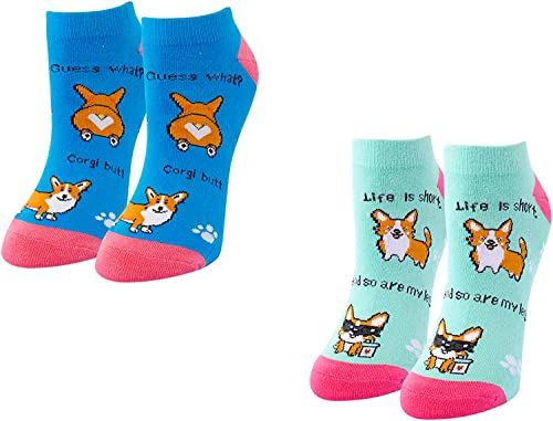 Women's Cute Low Cut Ankle Thick Crew Unique Corgi Socks Gifts-2 Pack