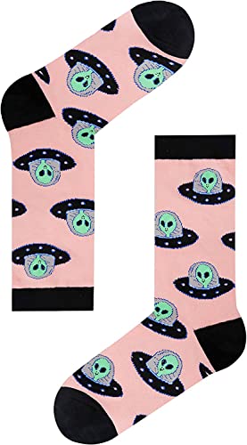 Women Alien Print Crew Socks, Alien Socks Funny Socks for Women,  Novelty Socks, Funky Socks, Alien Gifts for ufo enthusiast, Outer Space Gifts