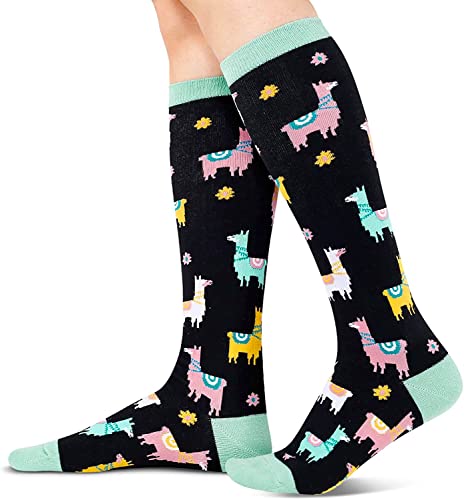 Women's Funny Knee High Long Knit Black Crew Novelty Llama Socks Gifts for Llama Lovers