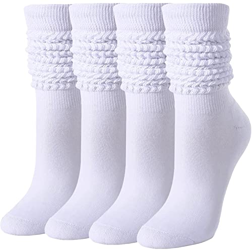 White Scrunch Socks Women, Cotton Long High Tube Socks, Fun Cute White Slouch Socks for Women Girls, Fashion Vintage 80s Gifts, 90s Gifts White Socks 4 Pairs