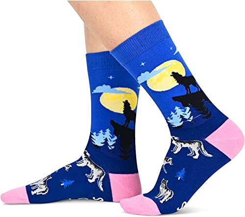 Women's Cute Mid-Calf Knit Navy Blue Thick Funny Wolves Socks Gifts for Wolf Lovers