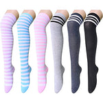 Women's Novelty Over The Knee Thigh High Fashion Striped Socks for Teen Girls-6 Pack