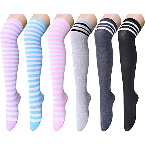 6 Pair Over Knee Long Socks, Stripe Printed Thigh High Striped Socks, Sweet Cute Overknee Socks for Women Teen Girls