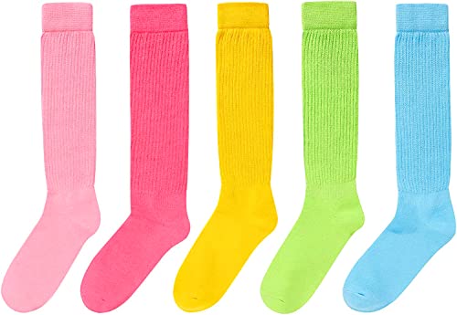 5 Pairs Cotton Long High Tube Socks, Fashion Vintage 80s Gifts, 90s Gifts, Extra Tall Heavy Socks, Fun Cute Colorful Slouch Socks for Women Girls, Scrunch Socks Women